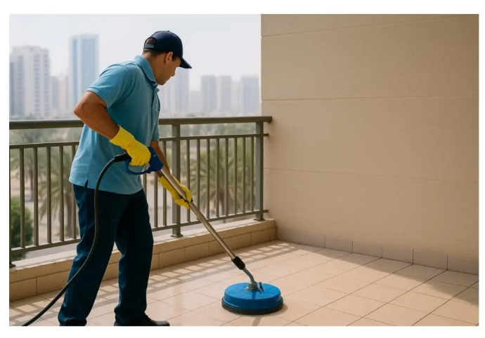 Professional cleaning balcony surface with high-pressure equipmen