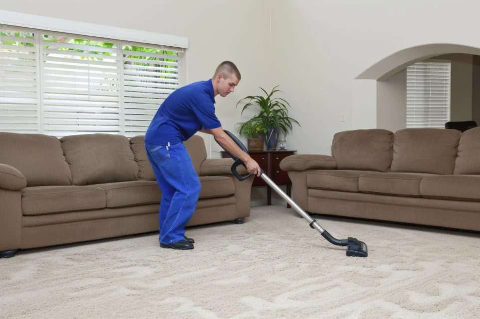 Professional cleaner vacuuming carpet in living room with sofa set for deep cleaning service