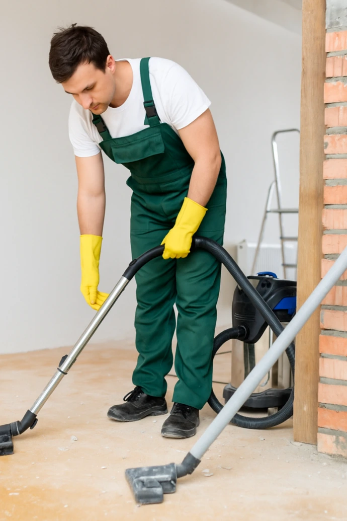 Deep cleaning worker vacuuming floor in Al Wathbah villa