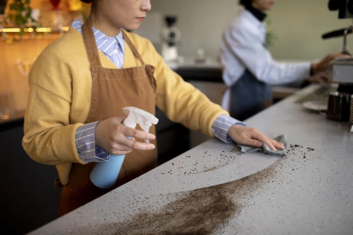 Worker removing dust and buildup from furniture surface